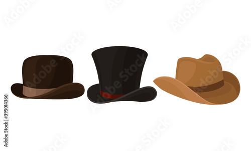 Wide-brimmed Stylish Male Headwear and Black Top Hat as Clothing Item Vector Set
