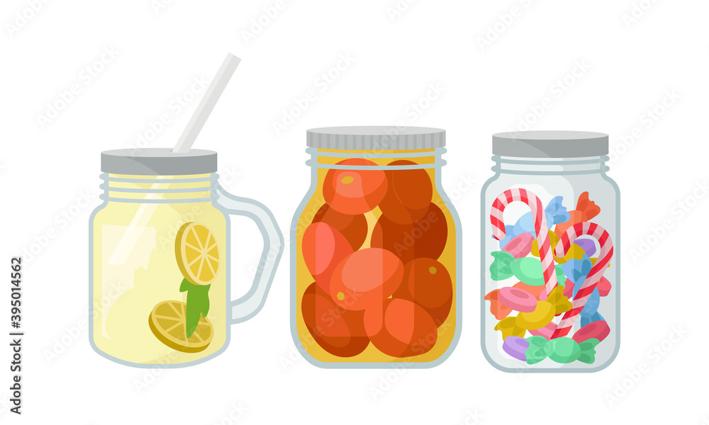 Glass Jars with Different Objects Inside Vector Set Glass Jars with Different Objects Inside Vector Set