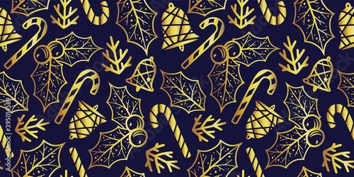 Colored seamless pattern wallpaper with decorative christmas bell, leaf and lollipop for the new year holiday. Winter illustration for december party design