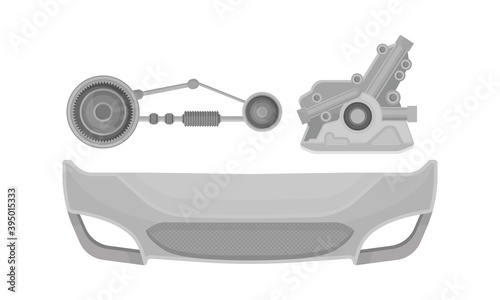 Car and Auto Spare Parts with Transmission Gearbox Vector Set