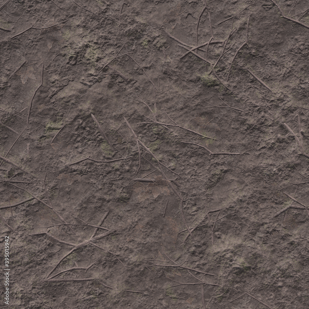 Naklejka premium Background of dark soil with fallen gray-green leaves mixed with mud. Top view of the ground and darkened branches and leaves. 3D-rendering
