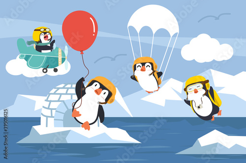 North pole Arctic with penguin on the sky