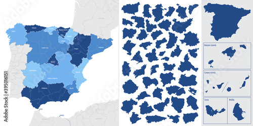 Blue map of Spain and the islands, with administrative divisions into autonomous communities and islands, vector illustration on a white background