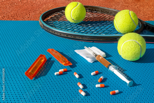 Tennis racket, balls, various medicines, syringe with solution on background of tennis court. Sports recovery, medicine, rehabilitation concept. Copy space © Elena