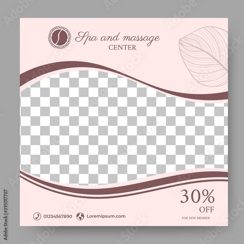 Editable square background template. Social media post template spa and massage with flower decoration. Soft color with photo collage.Usable for spa and massage services. Vector design banner isolated