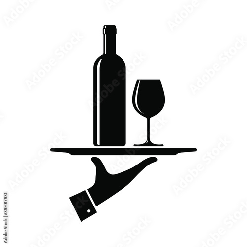 Serving wine graphic icon. Hand waiter serving wine on tray sign isolated on white background. Vector illustration © archivector