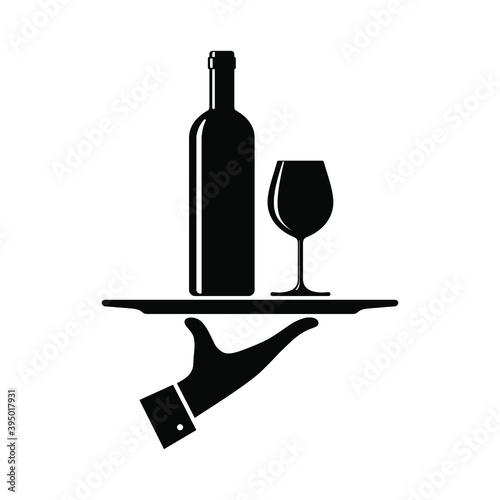 Serving wine graphic icon. Hand waiter serving wine on tray sign isolated on white background. Vector illustration