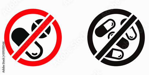 Pill prohibition icon. No medication. Prohibition of the transportation of medicines. Do not consume vitamins. Vector icon.