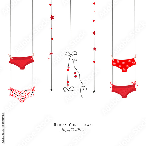 Hanging Christmas red panties. Happy new year greeting card