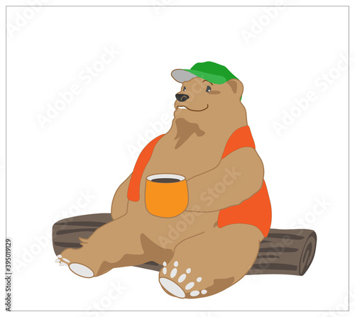 丸太に座りコーヒーを飲む帽子をかぶった熊