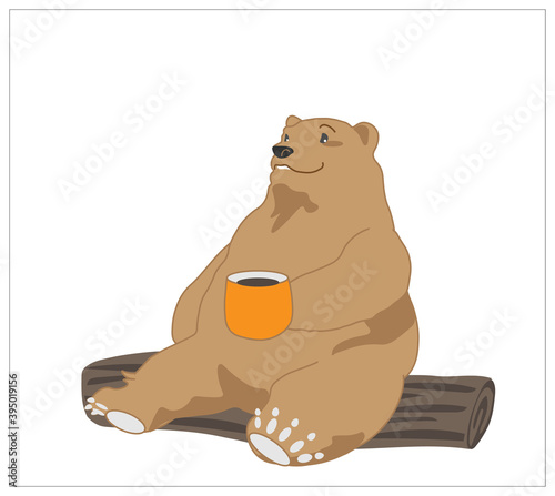 丸太に座りコーヒーを飲む熊