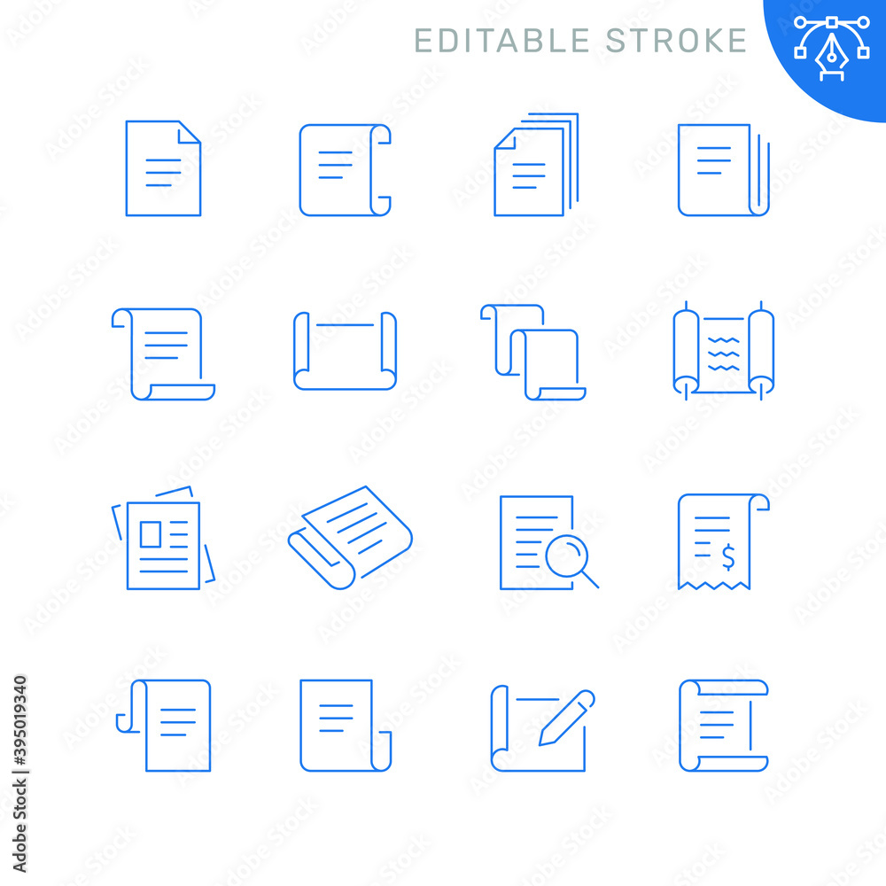 Scrolls and papers related icons. Editable stroke. Thin vector icon set