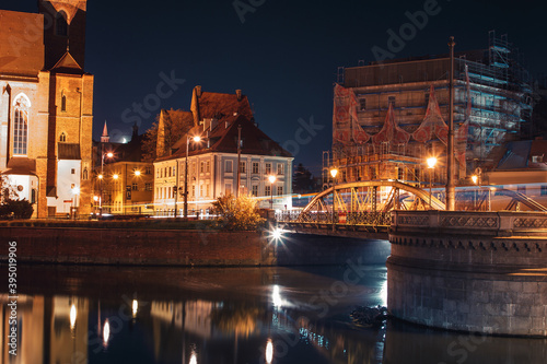 night view of the streets of the city of wroclaw with bridges