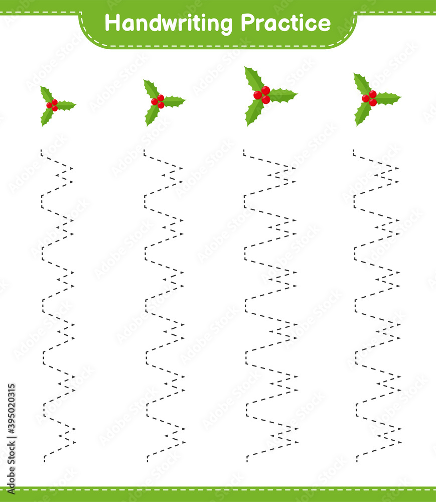 Handwriting practice. Tracing lines of Holly Berries. Educational children game, printable worksheet, vector illustration