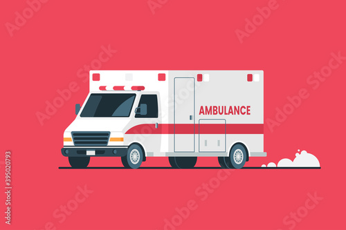 Ambulance car vector illustration. White Ambulance isolated on red background. Emergency medical care transportation. Flat style. Element for your design.
