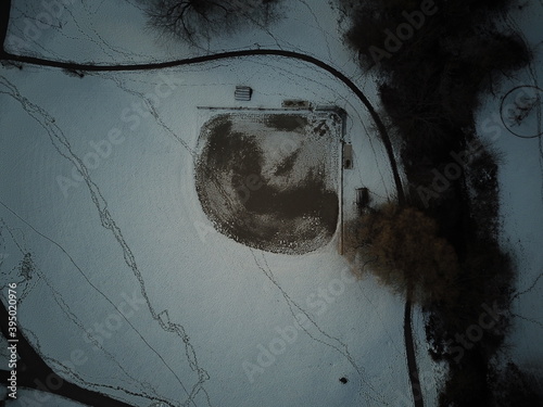 Canvas Print aerial photo of a baseball diamond in the winter