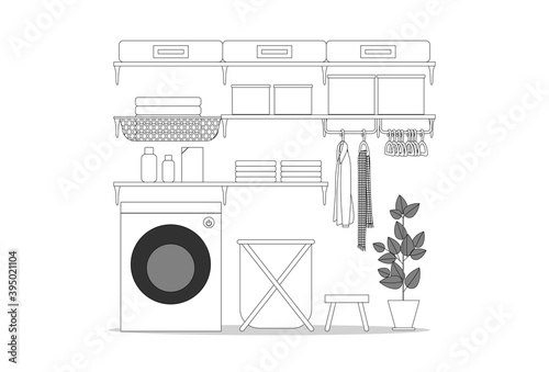 line vector drawing of laundry room in home