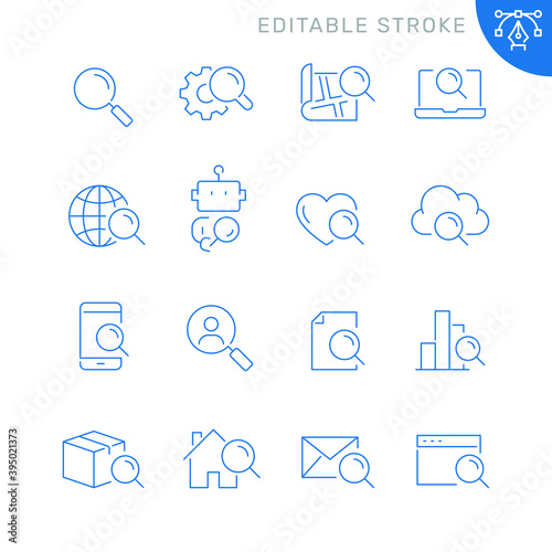 Search related icons. Editable stroke. Thin vector icon set