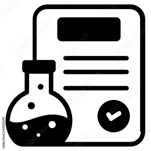 
Chemical flask with document, research report solid icon
