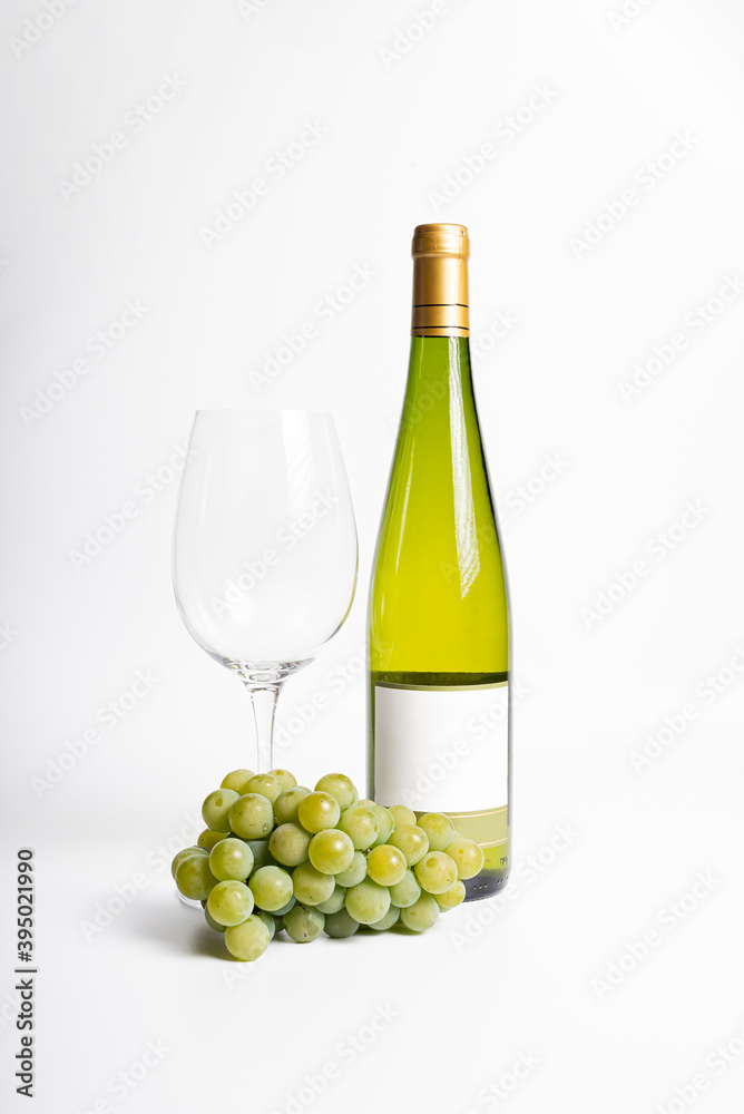 Bottle of wine and glass on isolated on white