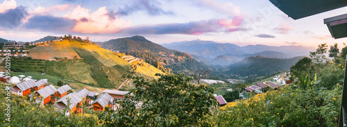 Aerial view of camping grounds and tents on Doi Mon Cham mountain in Mae Rim, Chiang Mai province, Thailand