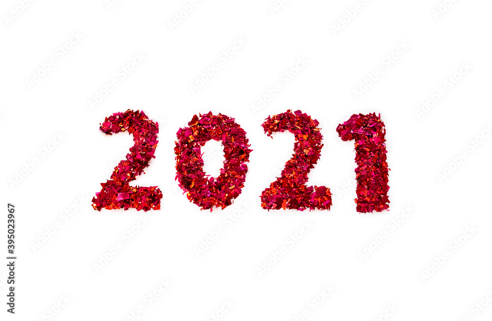 Figures 2021 made of red glitter on white background Figures 2021 made of red glitter on white background
