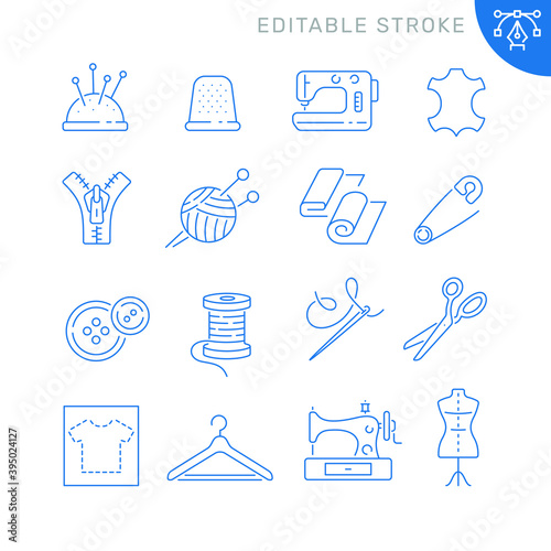 Sewing related icons. Editable stroke. Thin vector icon set