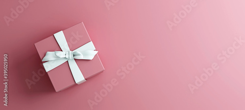 Mock-up poster, rose pink gift box with white bow on pink background, 3D Render, 3D Illustration