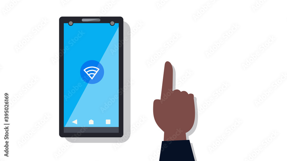 Smartphone with wifi icon and hand vector illustration.Technology conecting with phone concept.Device with human touch hand Smartphone with wifi icon and hand vector illustration.Technology conecting with phone concept.Device with human touch hand
