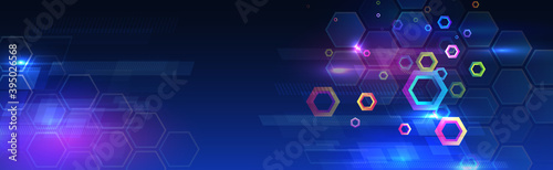 Wide Hi tech futuristic technology background. Abstract Engineering, Communication, Sci fi concept. Vector design with hexagons.