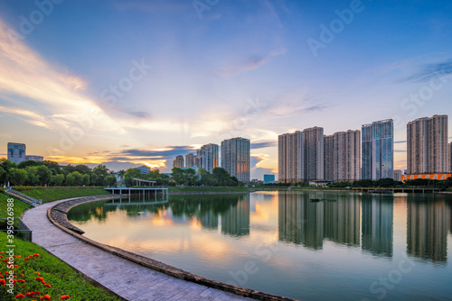 Cityscape of Hanoi skyline at Thanh Xuan park during sunset time in Hanoi city, Vietnam