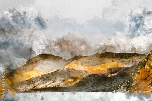 Digital watercolor painting of Stunning landscape image looking across Ennerdale Water in the English Lake District towards the peaks of Scoat Fell and Pillar during a glorious Summer sunset