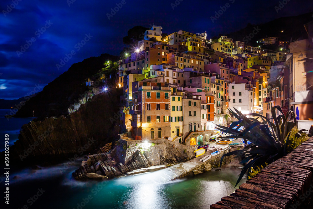 Riomaggiore by night,  small village in Cinque Terre,  Liguria,  Italy