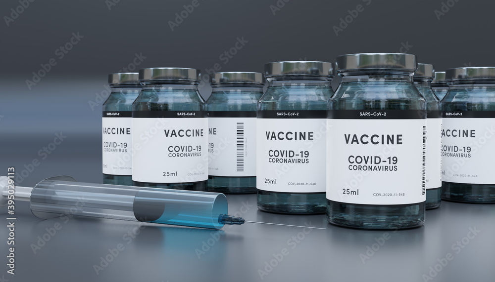 Biology and science. Covid-19. Concept of vaccination against new Coronavirus Covid-19 glass bottle or glass container with syringe. 3D Render.