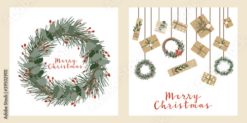Set of square christmas cards, invitation. Presents in kraft paper and wreaths. Rustic gift box. Eco decoration. Xmas and New 2021 Year celebration preparation. Vector flat cartoon style