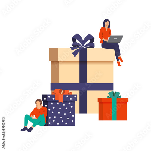 People order gifts on the Internet.Online shopping man and woman. Online store concept isolated on a white background. Gift packaging and Commerce concept, vector flat design, cartoon character