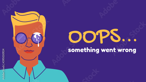 Funny 404 design template with young man wearing stained glasses Concept of unusual original vector illustrations for error page. Oops, something went wrong. Isolated on white background