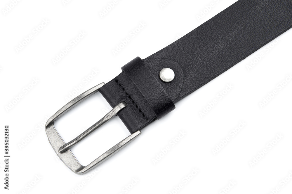 Fastened fashionable men's leather belt with dark matted metal buckle isolated on white background. Black belt for men. Black leather belt for trousers and jeans. Male accessory. Fastened fashionable men's leather belt with dark matted metal buckle isolated on white background. Black belt for men. Black leather belt for trousers and jeans. Male accessory.