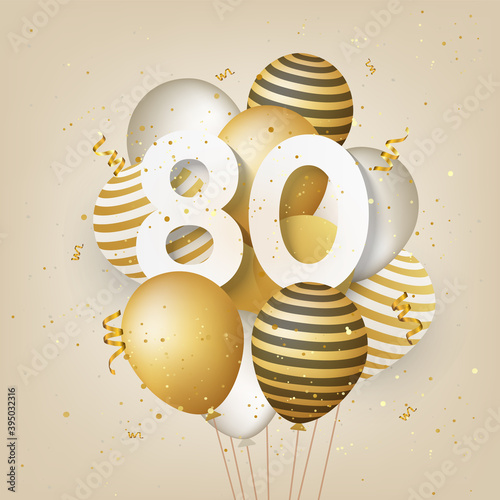 Happy 80th birthday with gold balloons greeting card background. 80 years anniversary. 80th celebrating with confetti. Vector stock