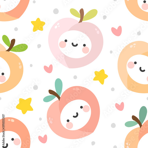 Cute peach fruit kawaii face seamless pattern, abstract repeated cartoon background, vector illustration