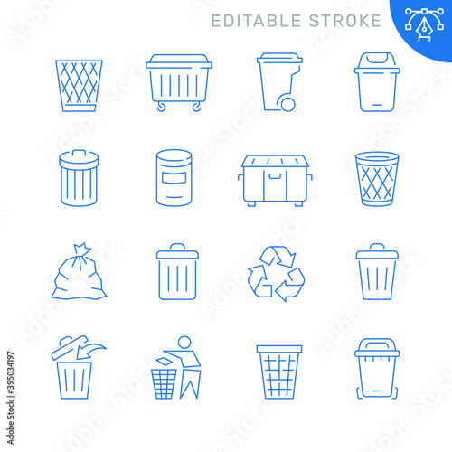 Trash can related icons. Editable stroke. Thin vector icon set
