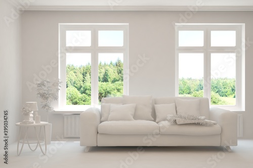 White living room with sofa and summer landscape in window. Scandinavian interior design. 3D illustration