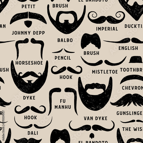 Vector seamless pattern with beards and mustaches. Hand drawn illustration with fashionable men's styles. Linear Graphics. Kinds and names of hairstyles.