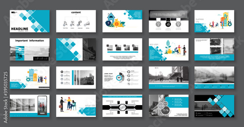 Business presentation infographic. Financial info. Design blue rhombus elements template, white background. Homes, people who buy real estate. Teamwork of people in the city businessman. Use in flyers