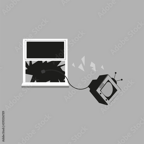 TV set thrown from window vector illustration on a grey background
