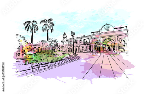 Building view with landmark of Cienfuegosis the 
city of Cuba. Watercolour splash with hand drawn sketch illustration in vector.