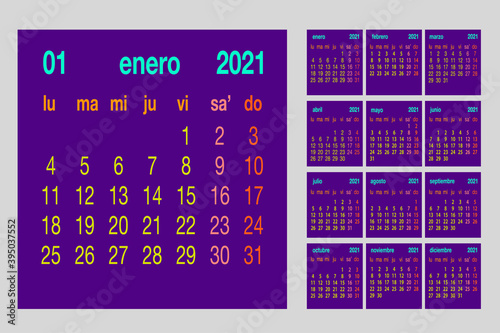 Spanish calendar 2021, week starts on monday, simple calendar template for 2021, printable calendar templates, vector illustration.Yearly planner in minimal design. photo