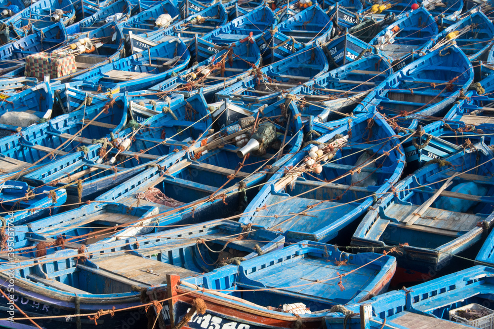 Φωτογραφία bateaux de pêche bleus, identiques et serrés les uns contre les autres à Essaoui