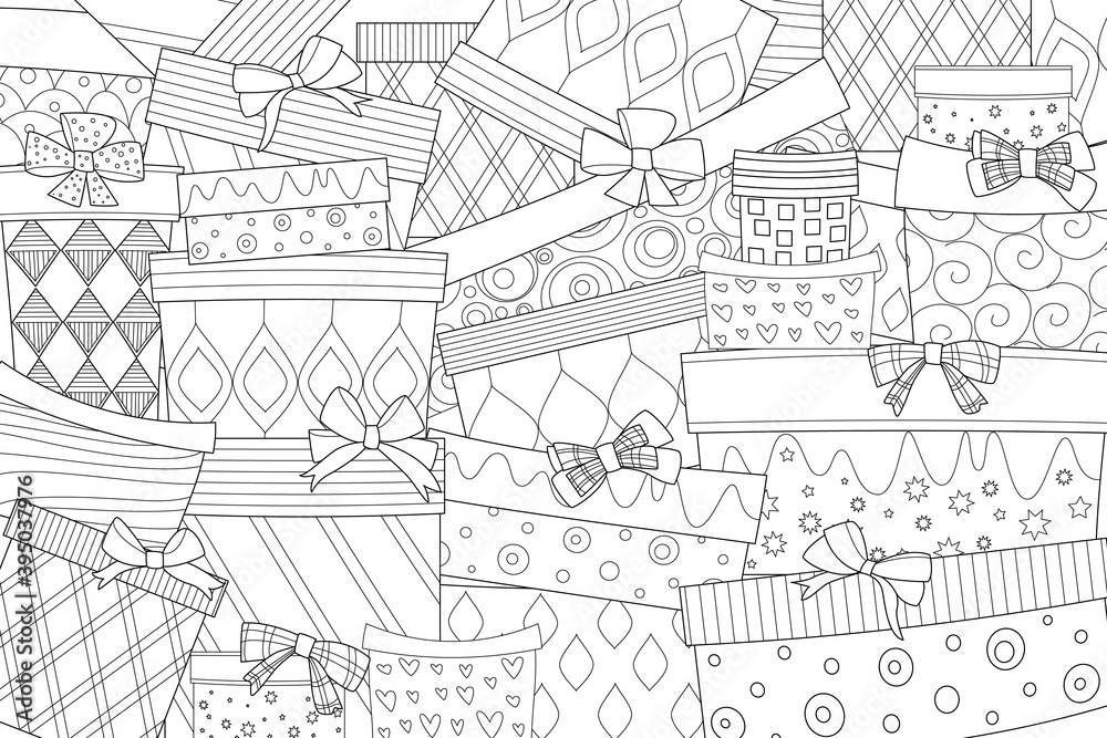 wall of gift boxes with bows for your coloring book
