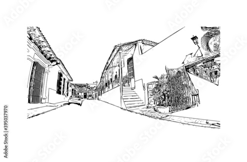 Building view with landmark of Cienfuegosis the 
city of Cuba. Hand drawn sketch illustration in vector.